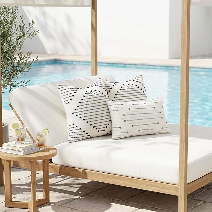 Mecatny Boho Summer Outdoor Throw Pillow Covers 18X18 Set of 2, Farmhouse Decorative Pillow Covers for Couch Sofa Living Room, Grey & Cream White