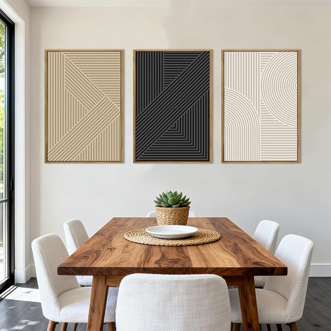 Large Neutral Abstract Wall Art Framed Mid Century Modern Canvas Paintings Artwork Geometric Wall Decor Modern Abstract Artwork Minimalist Art Prints Boho Home Decor for Living Room Bedroom Bathroom Office 36x24 Inch Set of 3