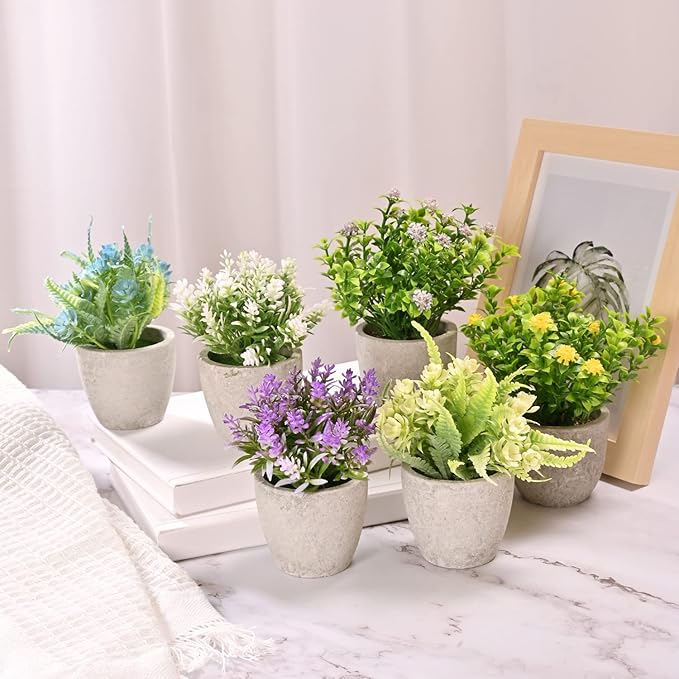 LUEUR Set of 6 Potted Artificial Flowers Arrangement, Fake Flowers with Vases Faux Flowers in Pot for Centerpiece Table Decorations Spring Decor for Home Office Desktop