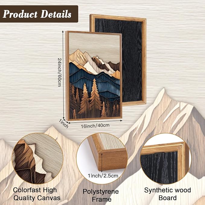 HOURIA 3Pcs Framed Boho Mountain Forest Sunrise Canvas Wall Art Set (16"x24"), Abstract Pine Tree Mountain Landscape Wall Decor, Mid Century Modern Nature Wilderness Scenery Art Print for Office Farmhouse Home