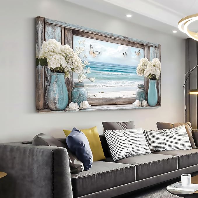 Ggaafet Beach Window Wall Art for Living Room Canvas Painting Prints Romance Flower Floral Art Deco Romantic Artwork Office Bedroom Family Room Decor Large