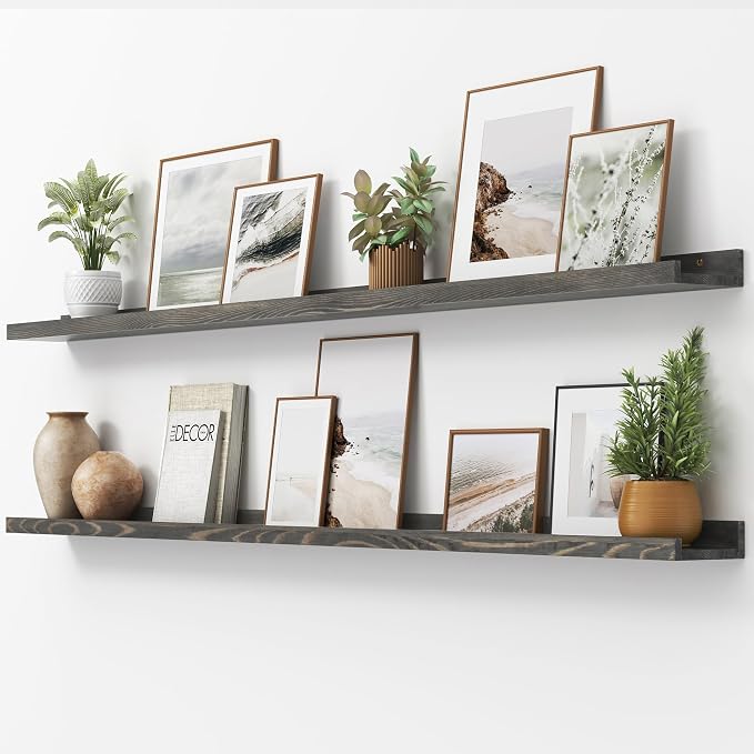 FLYJOE Picture Ledge Shelf, Floating Shelves Set of 2, Solid Pine Wood 72'' Long Large Nursery Book Shelves for Toys Storage, Kids Bookshelf for Living Room Bedroom Decor Books Photo Frames, Grey