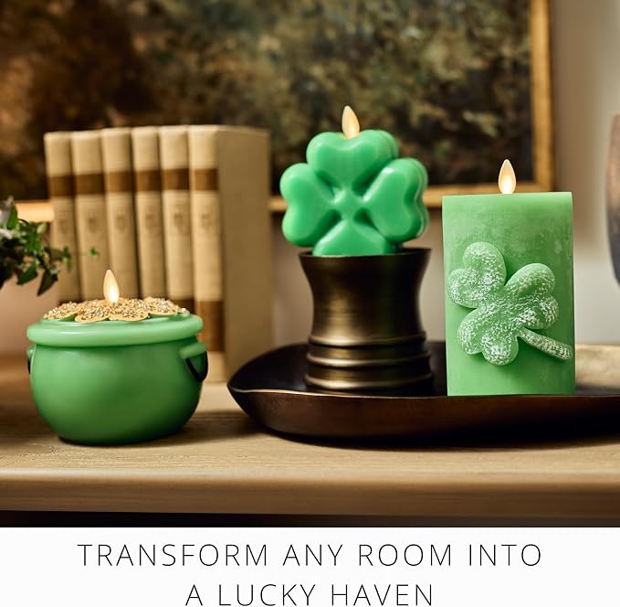 Luminara 4-Leaf Clover Candle - Flickering Real-Flame Technology- Flameless LED- Remote Ready- Classic Green St. Patrick's Day Shamrock- 3.9" x 4.3"