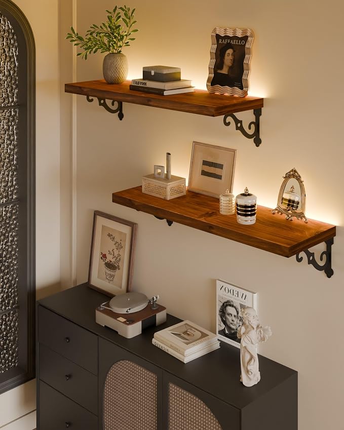 24 Inch 2 Tier Solid Wood Floating Shelves with LED Light, Metal Brackets | 24 inch solid pine shelves, 2 tier, warm LED light, walnut finish, metal brackets for books and decor