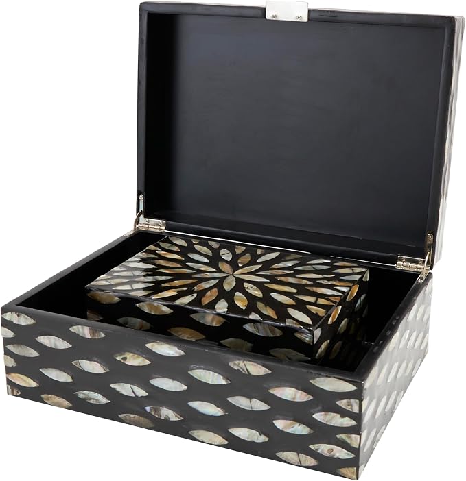 Deco 79 Mother of Pearl Shell Decorative Box Geometric Floral Decorative Keepsake Boxes with Beige Accents, Set of 2 Storage Boxes 12", 8"W, Black