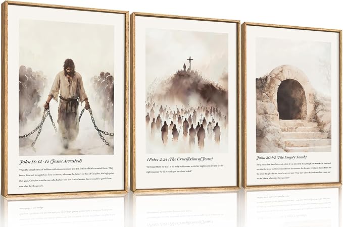 KAIRNE Jesus Christian Framed Canvas Wall Art Set,Neutral Bible Verses Wall Decor,Modern Religious Scripture Art Prints,Christ Cross Empty Tomb Artwork for Living Room,Bedroom,Church,Office-16 x24 x3