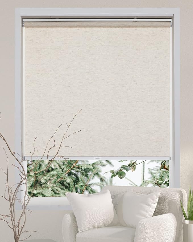 Persilux Custom Size Natural Woven Cordless Roller Shades, Free-Stop Window Shades for Home, Roller Window Shades, Light Filtering Window Blinds for Windows, Kitchen and Door (Cream)