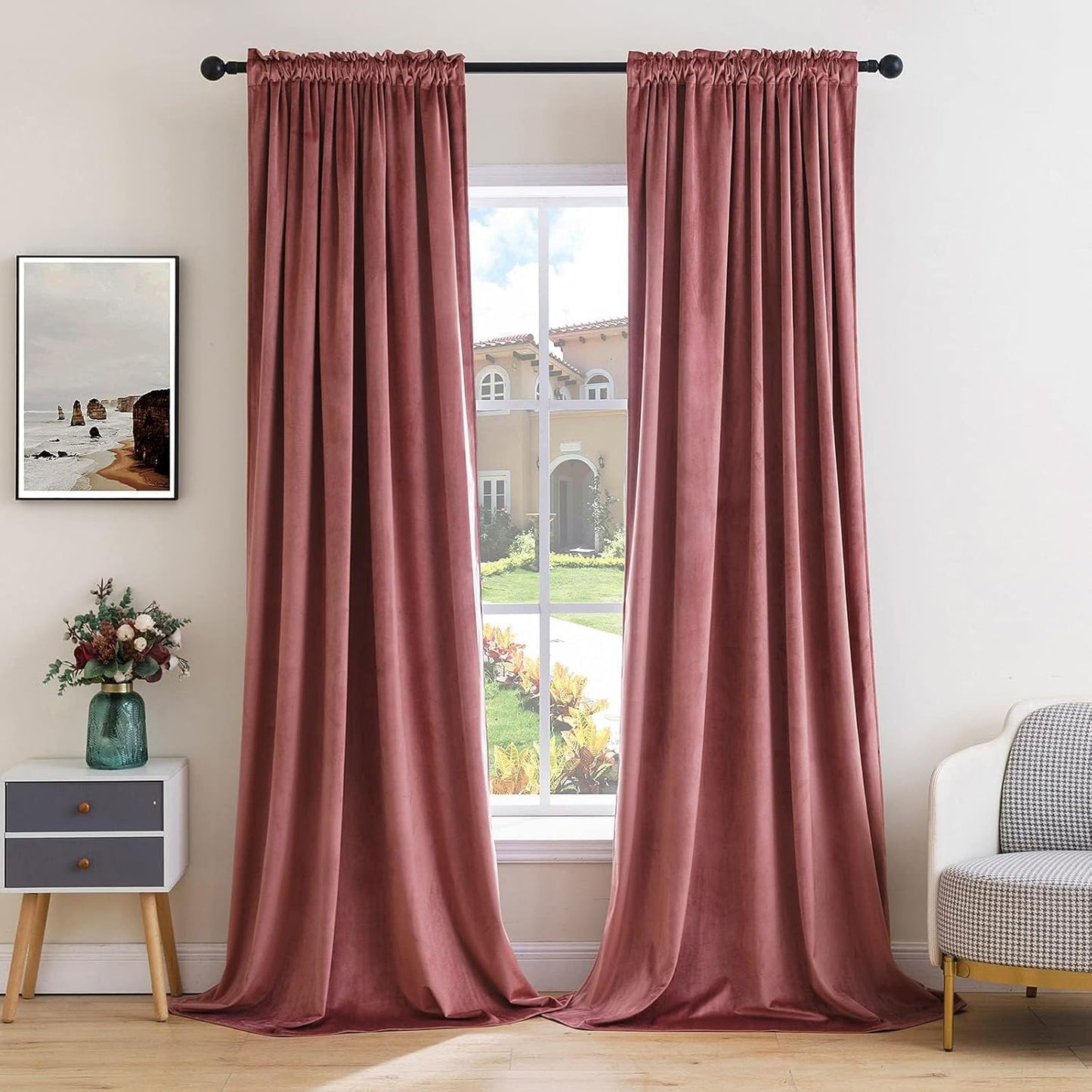MIULEE Dusty Rose Pink Velvet Curtains Thermal Insulated Blackout Curtain Drapes for Bedroom Living Room Darkening 80 Inches Long Curtains Panels Rod Pocket Set of 2