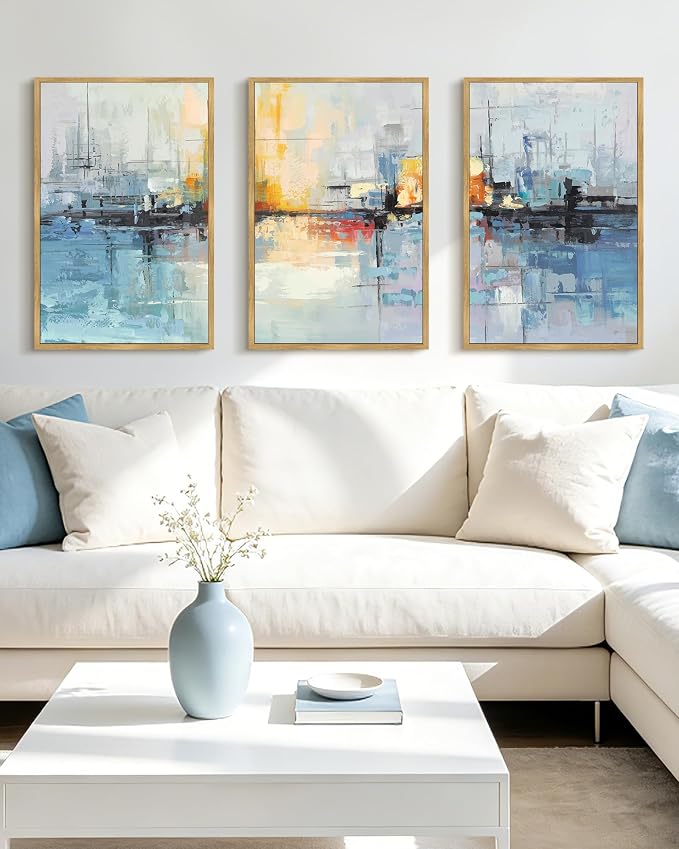 PHOPAGO Navy Blue Abstract Landscape Framed Wall Art Large 16x24in Graffiti Colorful Shape Wall Decor Modern Art Paints Laundry Living Room Decor - Natural Framed