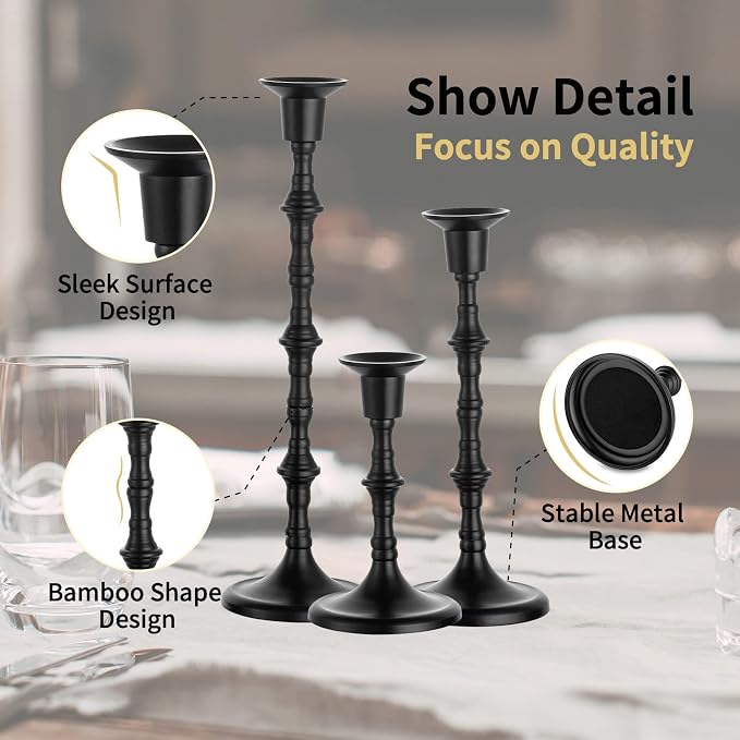 NUPTIO Candle Stick Holders for Centerpeice: Set of 6 Matte Black Taper Candlestick Holders - Bulk Antique Tall Candleholder for Easter Shabbat Table Fireplace Decor