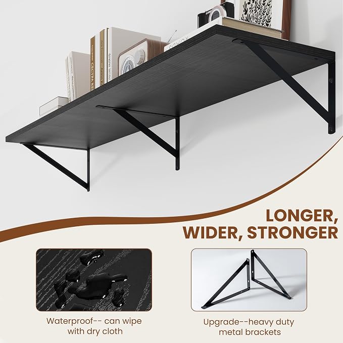 Heimlove Black Deep Floating Shelves for Wall, 44W x 12D Wood Wall Shelves Set of 2, Wide Floating Bookshelf for Living Room, Kitchen, Office, Bedroom and Decor Storage, with Metal Bracket - Black