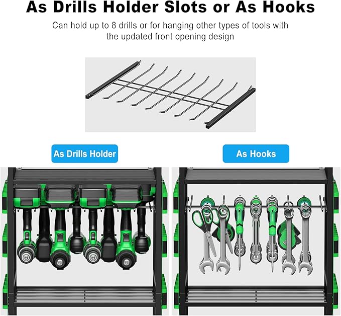JUNNUJ Large Power Tool Organizer Cart with Charging Station, Garage Floor Standing Rolling Drill and Tools Battery Storage Cart on Wheels, Heavy Duty Rack Shelf with 8 Outlet Power Strip, Green
