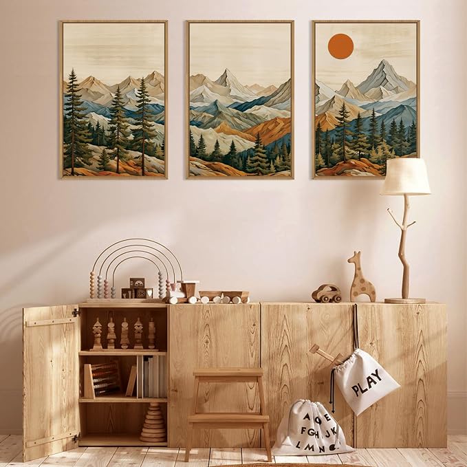 Ausril Boho Woodcut Mountain Framed Canvas Wall Art Set,Vintage Pine Tree Wall Decor,Brown Wooden Forest Art Painting,Natural Sunrise Artwork for Living Room, Bedroom, Office -24"X36"X3