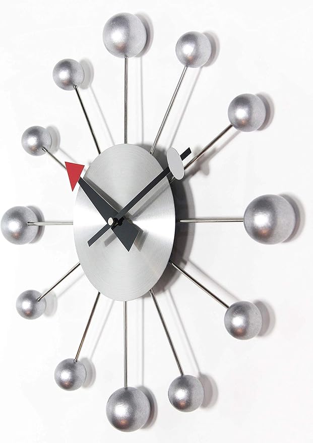 Infinity Instruments Orb Spoke Midcentury Modern 15 inch Retro Starburst Ball Wall Clock Quiet Quartz Movement Mid Century Modern Decorative (Silver)