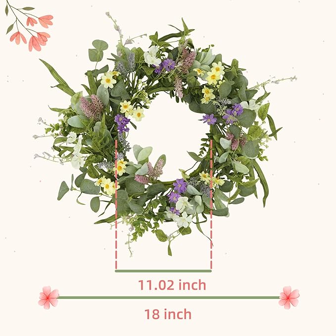YNYLCHMX 18" Spring Summer Wreaths for Front Door, Artificial Floral Wreath with Multi-Colored Flower & Green Eucalyptus Leaves, Green Foliage Wreath for Wall Window Farmhouse Party Holiday Home Decor
