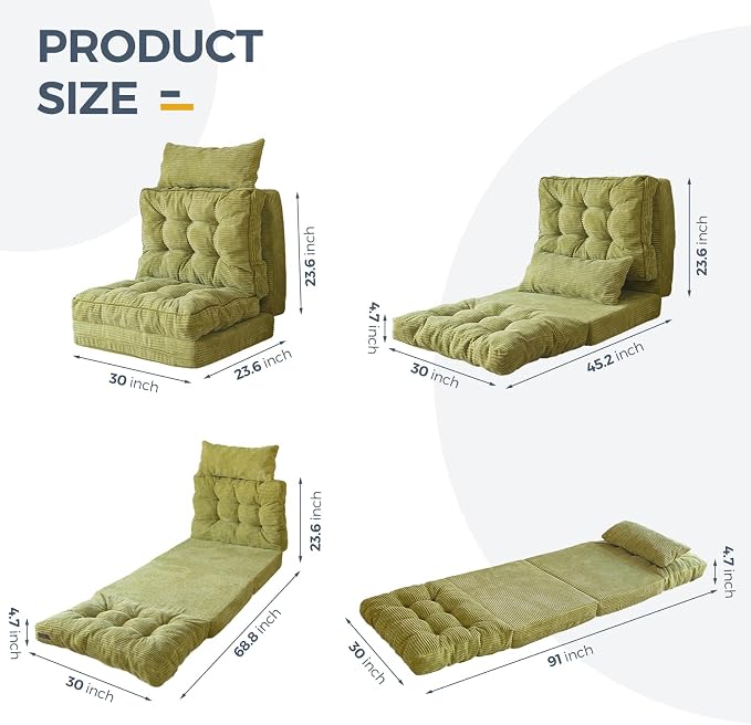 MAXYOYO Folding Sofa Bed, Tufted Bean Bag Bed with Pillows Floor Couch for Adults, Extra Thick and Long Floor Sofa, Single Couch for Bedroom Living Room, Green, 30x91 Inch