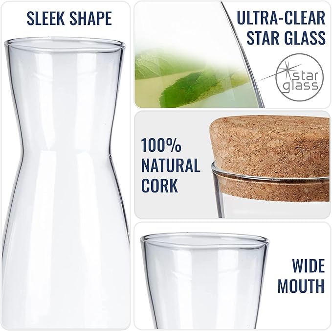Bormioli Rocco Ypsilon Glass Carafe Set with Cork Tops - 36.25 oz Contemporary Juice Containers & Drink Dispensers for Wine, Water, Milk - Dishwasher Safe Glassware for Entertainment, Made in Italy
