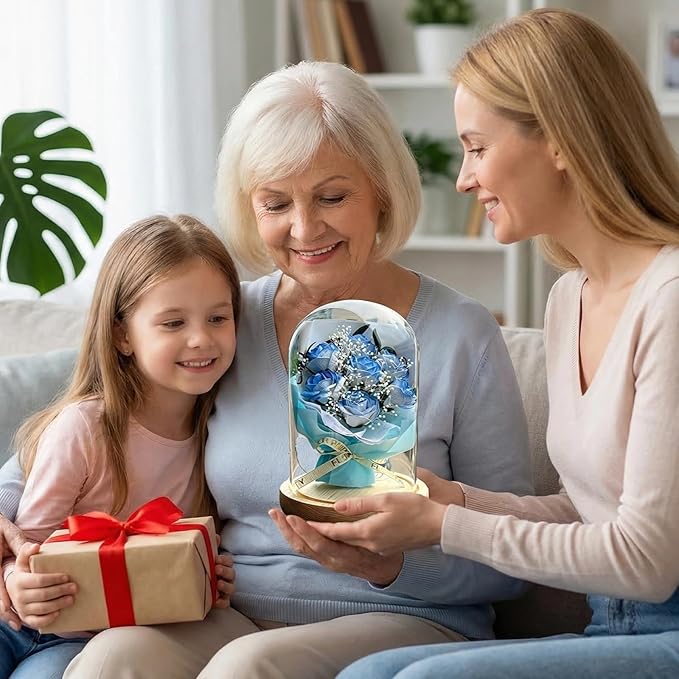Mother's Day Gifts for Mom Rose Gifts for Her Birthday Gift for Women Glass Rose in Glass Dome Forever Eternal Ice Blue Roses with AnniversaryValentines Day Gifts for Daughter Mom Wife Girlfriend