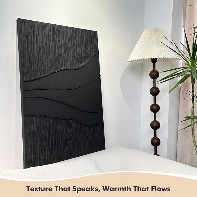 Large Black 3D Textured Wall Art, Hand-Painted Minimalist Canvas Artwork | Modern Abstract Vertical Wall Decor for Living Room Bedroom Office, Original Ocean Waves Oil Painting Home Decor, 24x36 in