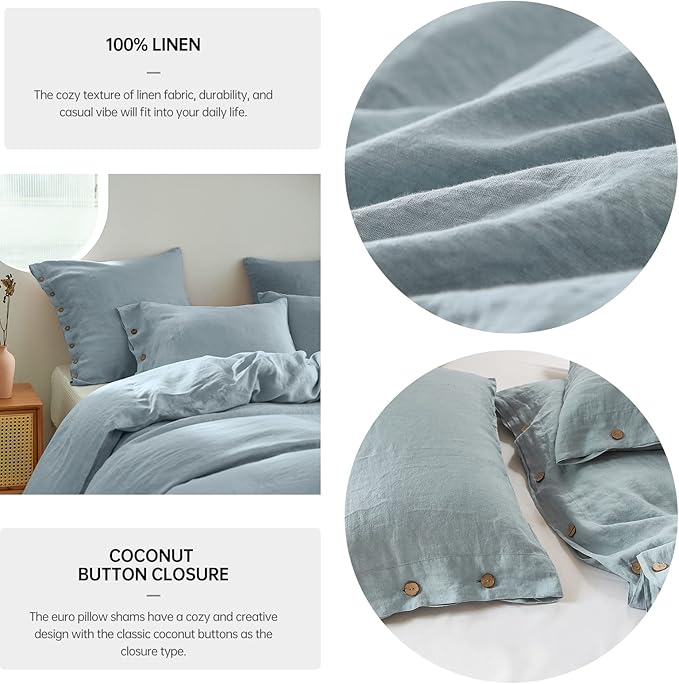 Simple&Opulence 100% Washed Linen Euro Sham Cover, 26 x 26 Inch, Decorative Bed Pillow Cover with Coconut Button, Solid Color Pillow Shams Set of 2 (Dusty Blue)