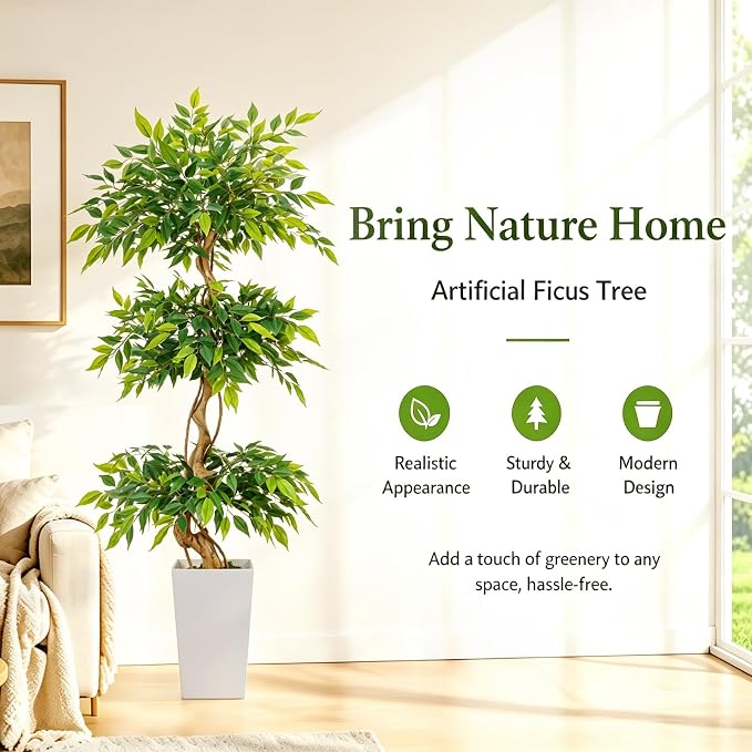 GTIDEA 6FT Ficus Artificial Tree in Tall Decorative Planter, 72 ''Tall Faux Ficus Tree with Realistic Green Leaves and Natural Trunk, Large Fake Indoor Plant for Living Room, Office, Home Corner Decor