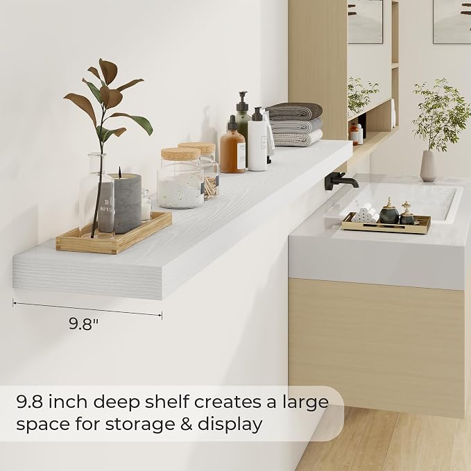 Dreamland 72Inch White Floating Shelves 9.8" Deep Wall Mounted Set of 2 | Wall shelves for bathroom, bedroom, Living Room, kitchen, deep wall mount wood storage display for home decor 72" x 9.8"