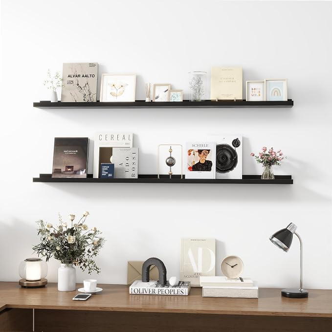 Acovy Picture Ledge Shelf, Wood Long Floating, Set of 2, 56 inch, Black | Wall Mounted, For Living Room Kids' Room Bedroom, Photo Ledge Nursery Book Shelves
