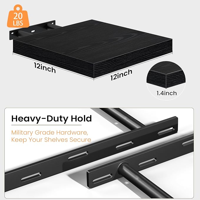 Fun Memories Floating Shelves for Wall, 12 Inch Set of 3 Rustic Wood Wall Shelves with Invisible Brackets, Heavy Duty Storage Display for Bathroom Bedroom Living Room Kitchen, Black