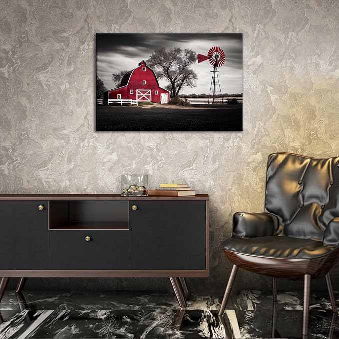 Black and White Barn Canvas Wall Art Farmhouse Nature Landscape Windmills Picture for Living Room Decoration Country Farm Red Barn Framed Painting Rustic Print Artwork Bedroom Modern Home Decor 20x30