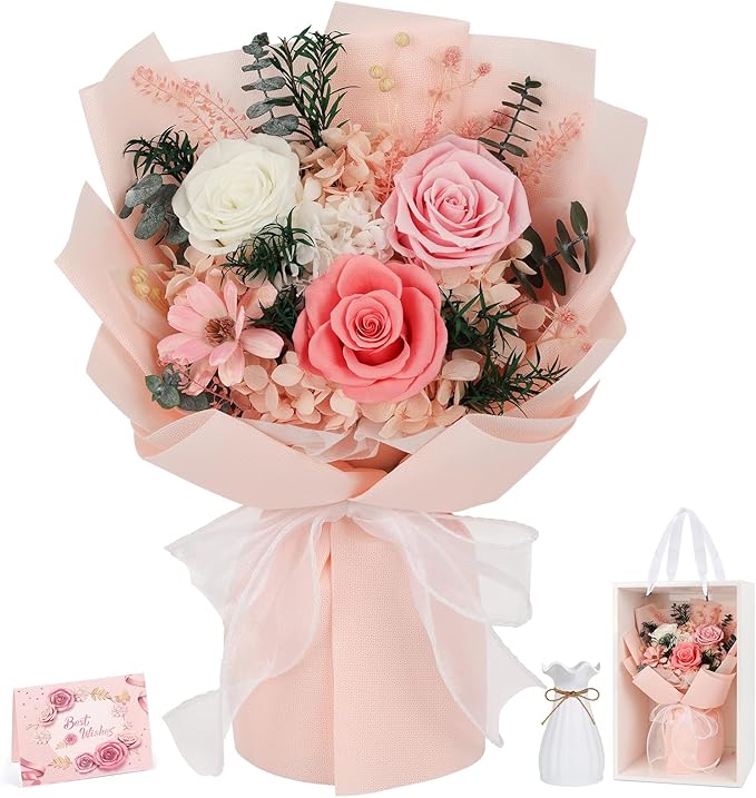 Flowers for Delivery Prime Preserved Flowers Bouquet with Vase That Last 3-5 Years Real Forever Flowers Pink Rose Bouquet for Mom Mother Women Wife Friends Birthday Mothers Day Gifts