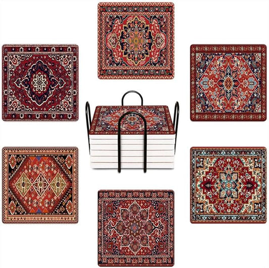 Drink Coasters for Drinks Set of 6, Red Tribal Geometric Pattern Absorbent Square Ceramic Stone Mat Coaster, with Cork Base and Metal Holder, Home Bar Decor House Warming Gift