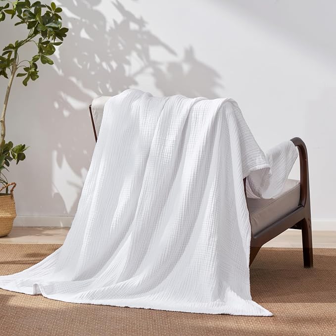 David's Home 100% Natural Cotton Muslin Blanket King Size, 4-Layer Soft Breathable Lightweight Comfy Cozy Throw Guaze for Hot Sleepers, 3D Bubble Room Decor for Bed Couch, Giftable, White, 108"x90"