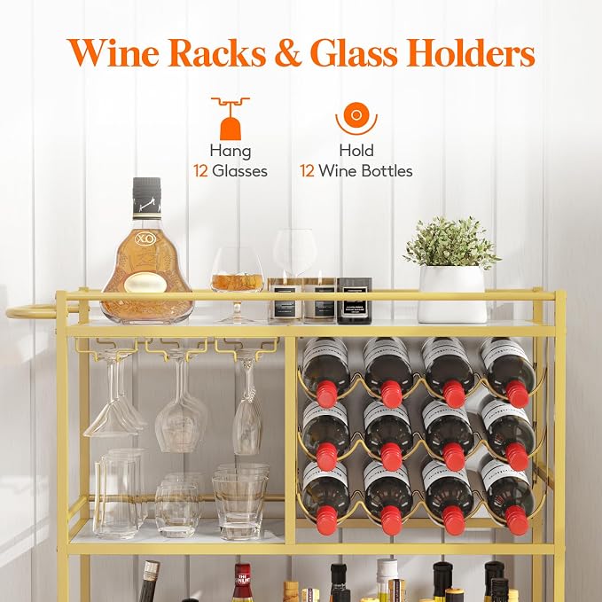 Lifewit Bar Cart for The Home, 3 Tier Drink Cart with Lockable Wheels, 12 Wine Rack and 3 Rows Glass Holders, Liquor Serving Cart for Livingroom, 80 x 33.2 x 86 cm/31.6 x 13.1 x 33.9 inch Gold