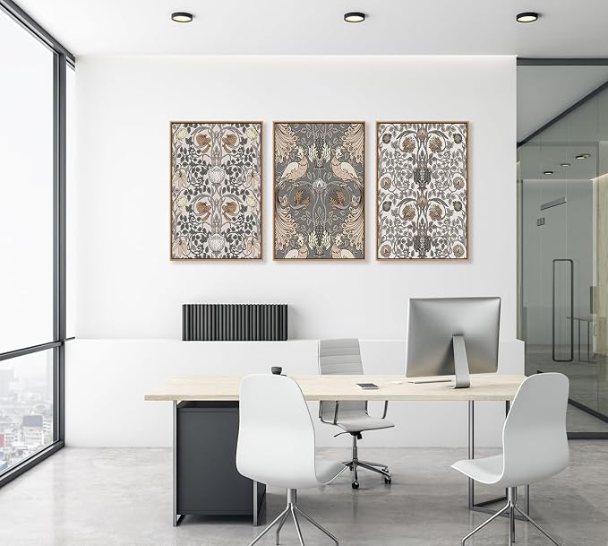 Large Retro Framed Wall Art - Natural Float Framed Vintage Flowers Canvas William Morris Painting Pictures Rustic Floral Pattern Prints Artwork for Living Room Bedroom Office Decor 48" X 24" Set of 3