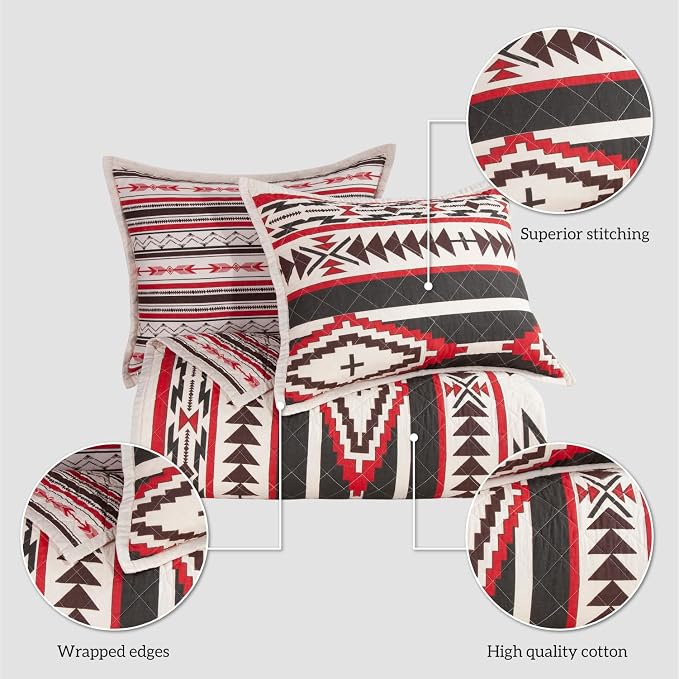 Paseo Road Cortez Western Bedding 3 Piece Quilt Set with Pillow Shams, Full Queen Aztec Bedding Set, Tribal Southwestern Bedding, Geometric Pattern Cotton Reversible Rustic Bed Set