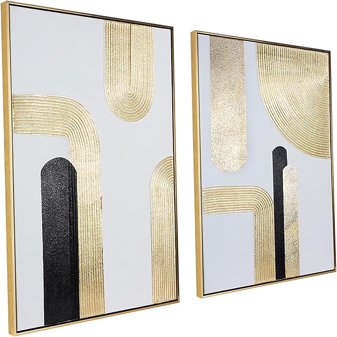Black Gold Abstract Wall Art - Hand-Painted Geometric Line Spiral Duo Abstract Shapes Canvas Artwork Decor, Set of 2, 24 x 36 Inches, Framed Wall Art