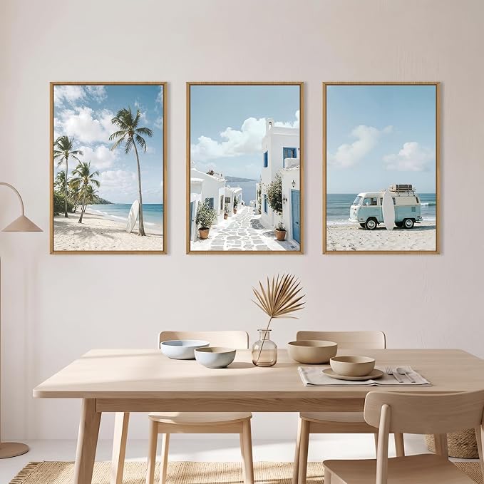 Large Summer Coastal Framed Canvas Wall Art Set,Modern Beach Surfboard Wall Decor,Seaside Palm Tree Art Prints,Vintage Blue Van Artwork for Living Room,Bedroom,Office -16"x24"x3