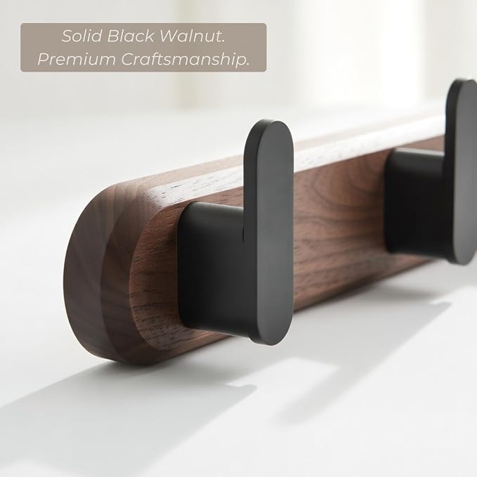 Jugen Coat Rack Wall Mount – Solid Black Walnut with 5 Heavy Duty Matte Black Hooks, Wooden Wall Coat Rack for Entryway, Coats, Hats & Bags - 19.7in, No Drill Adhesive or Hidden Screw Mount (2)