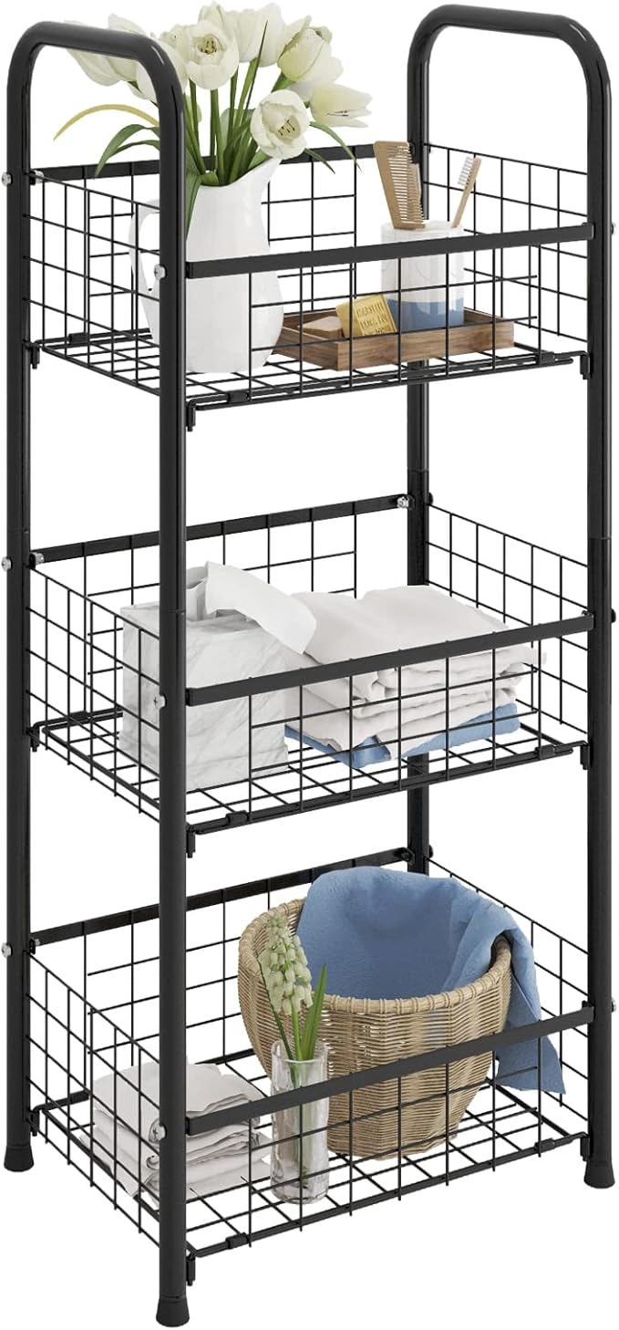 PROXRACER 3-Tier FreeStanding Open Shelf,Bathroom Organizer Shelves Unit with Adjustable Feet, Metal Steel Storage Tower Organizer Rack Basket Cart for Bathroom, Living Room, Balcony, Kitchen