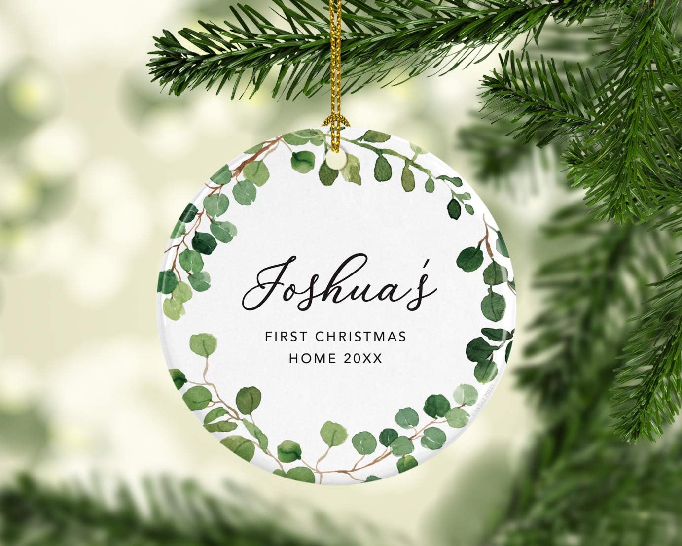 Andaz Press Personalized Round Ceramic Porcelain Christmas Tree Ornament Keepsake Collectible Adoption New Baby Gift, Joshua's First Christmas Home 2025, Farmhouse Eucalyptus Wreath, 1-Packs