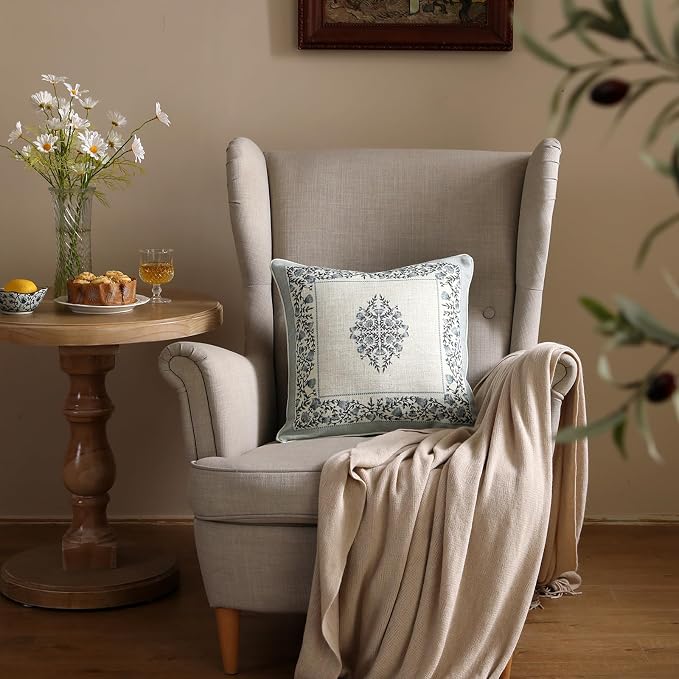 ISAENNE Designer Vintage Linen Throw Pillow Cover,18"x18"-Segerman A | Elegant Chinoiserie Square Pillow Cover,Concealed Zipper Design,Floral Pattern,Sofas,Bedroom,Living Room,Lounge Chairs