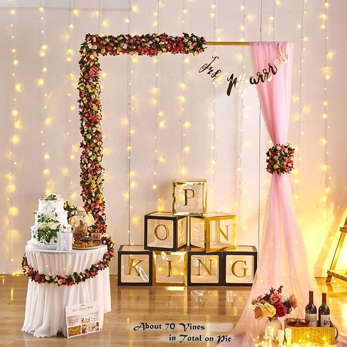 PONKING 8 Pcs x 8.2 ft Flower Garland Artificial Rose Vine Flowers with Green Leaves Hanging Fake Roses Vine for Room Party Home Wedding Birthday Christmas Wall Arch Decor, Champagne Flower
