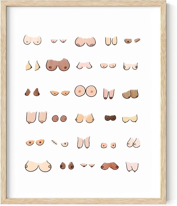 HAUS AND HUES Funny Bathroom Wall Art – Boobs Poster, Witty Restroom Prints, Humorous Washroom Artwork, Fun Wall Accent (16x20, Beige Frame)