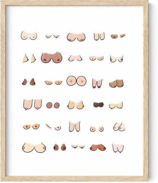 HAUS AND HUES Funny Bathroom Wall Art – Boobs Poster, Witty Restroom Prints, Humorous Washroom Artwork, Fun Wall Accent (16x20, Beige Frame)