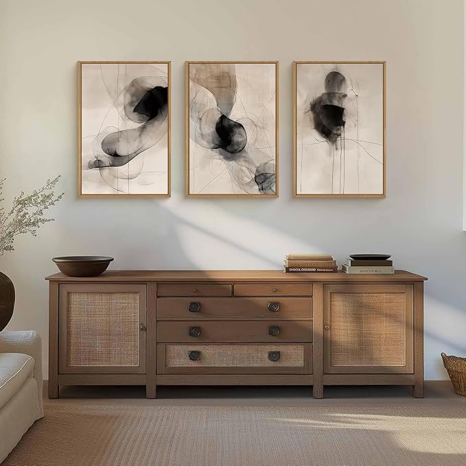 HPNIUB Abstract Beige Framed Wall Art Set,Neutral Black Ink Line Wall Decor,Boho Geometric Line Art Print,Watercolor Minimalist Textured Brown Artwork for Living Room,Bedroom,Office -16''x24''x3