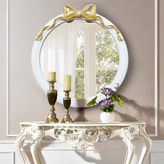 28 inch Round/Circle Wall Mirror, Vanity Bow Mirror for Wall Decor, Decorative Antique White&Gold Bathroom Mirrors, Traditional Art Home Decor for Dressing Table, Living Room, Bedroom