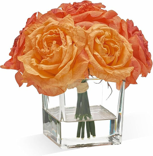 WELL KNOWN Rose Artificial Flowers in Vase with Faux Water, Silk Rose Table Centerpieces for Home Coffee Table Decor, Fake Roses Flower Arrangements for Office Hotel Lavatory Decor (Burnt Orange)