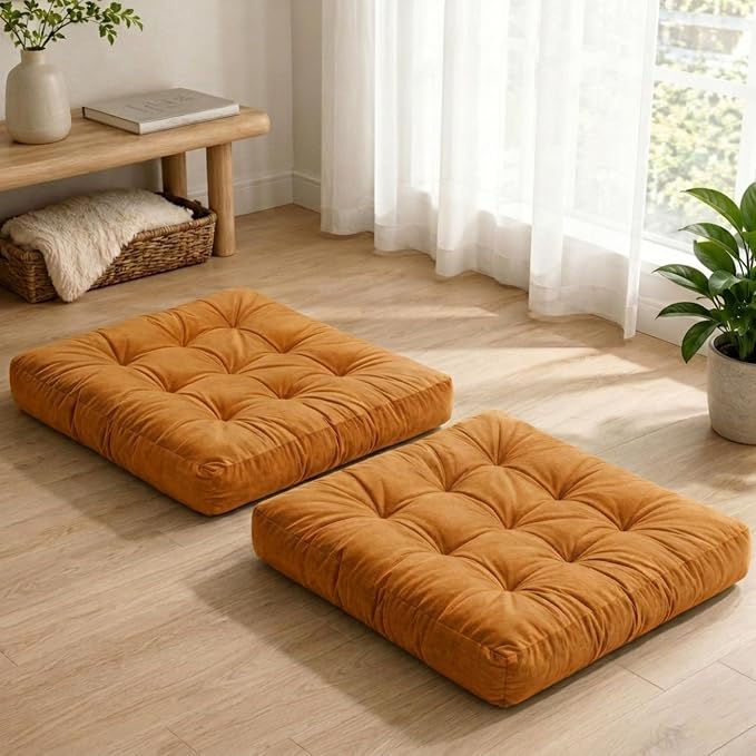 Floor Pillows for Adults Set of 2, Soft Velvet Floor Cushions for Sitting, Square Tufted Floor Pillow Set for Reading Nook, Living Room, Bedroom, 22 x 22 Inch, Orange