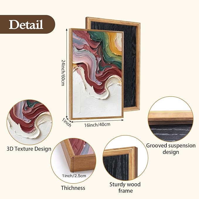 CHDITB 3D Textured Abstract Wave Framed Canvas Wall Art Set, Modern Neutral Earth Tone Picture Flowing Ribbon Wall Decor, Multicolor Minimalist Line Art Prints for Living Room Hallway Home Decor 16"x24"x3