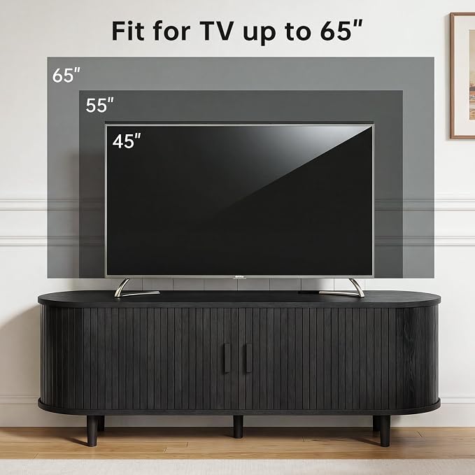 58" Mid Century Modern TV Stand, Wood TV Consoles with Sliding Doors and Power Outlet, Fluted Entertainment Center with Adjustable Shelves, Media Console for Living Room, Black